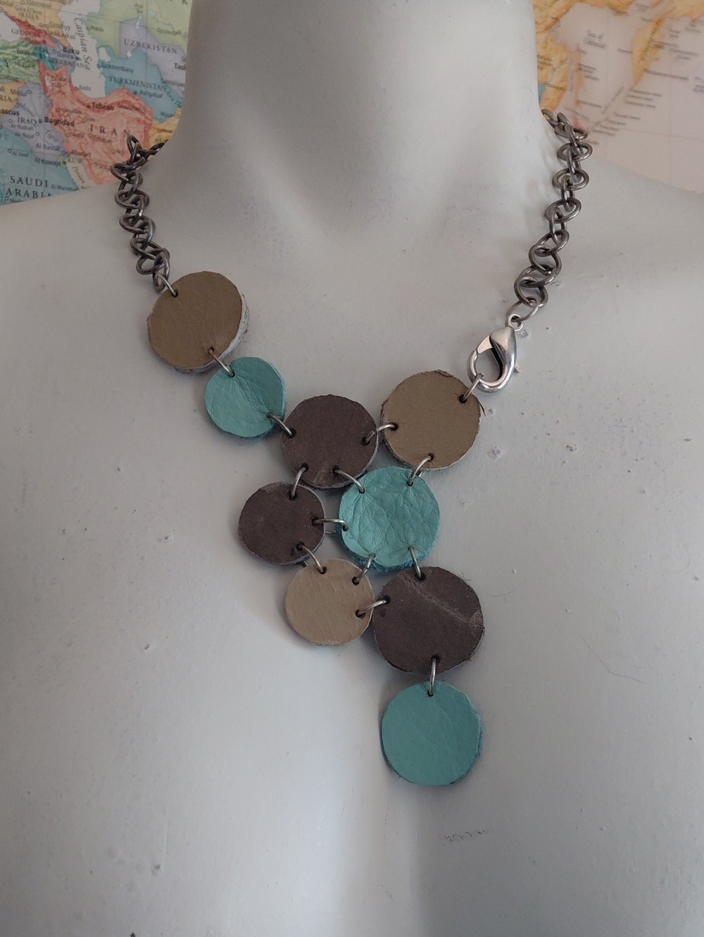 Handcrafted Teal and Brown Disc Statement Necklace